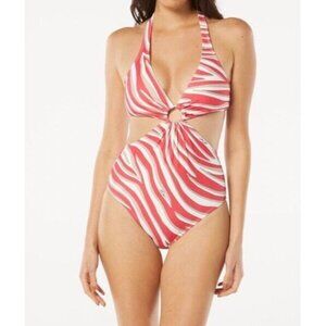 Michael Kors Sz 6 Swimsuit Logo Cutout Zebra Print Orange Maillot One Piece New
